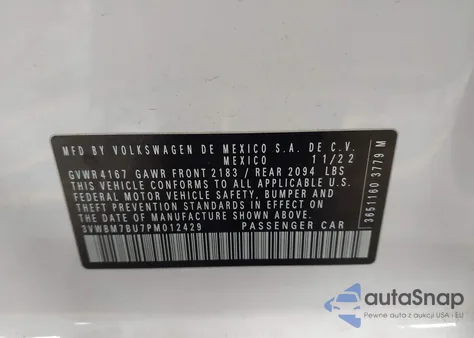 2023 Volkswagen Jetta 1.5T Sport z USA, uszkodzony, nr VIN 3VWBM7BU7PM012429